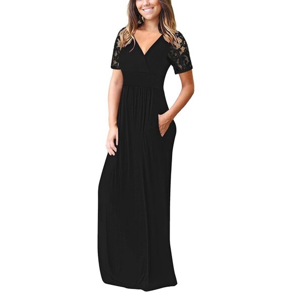 Womens Maxi Dress Lace Short Sleeve V Neck Wrap Pockets Summer Elegant - Picture 2 of 3